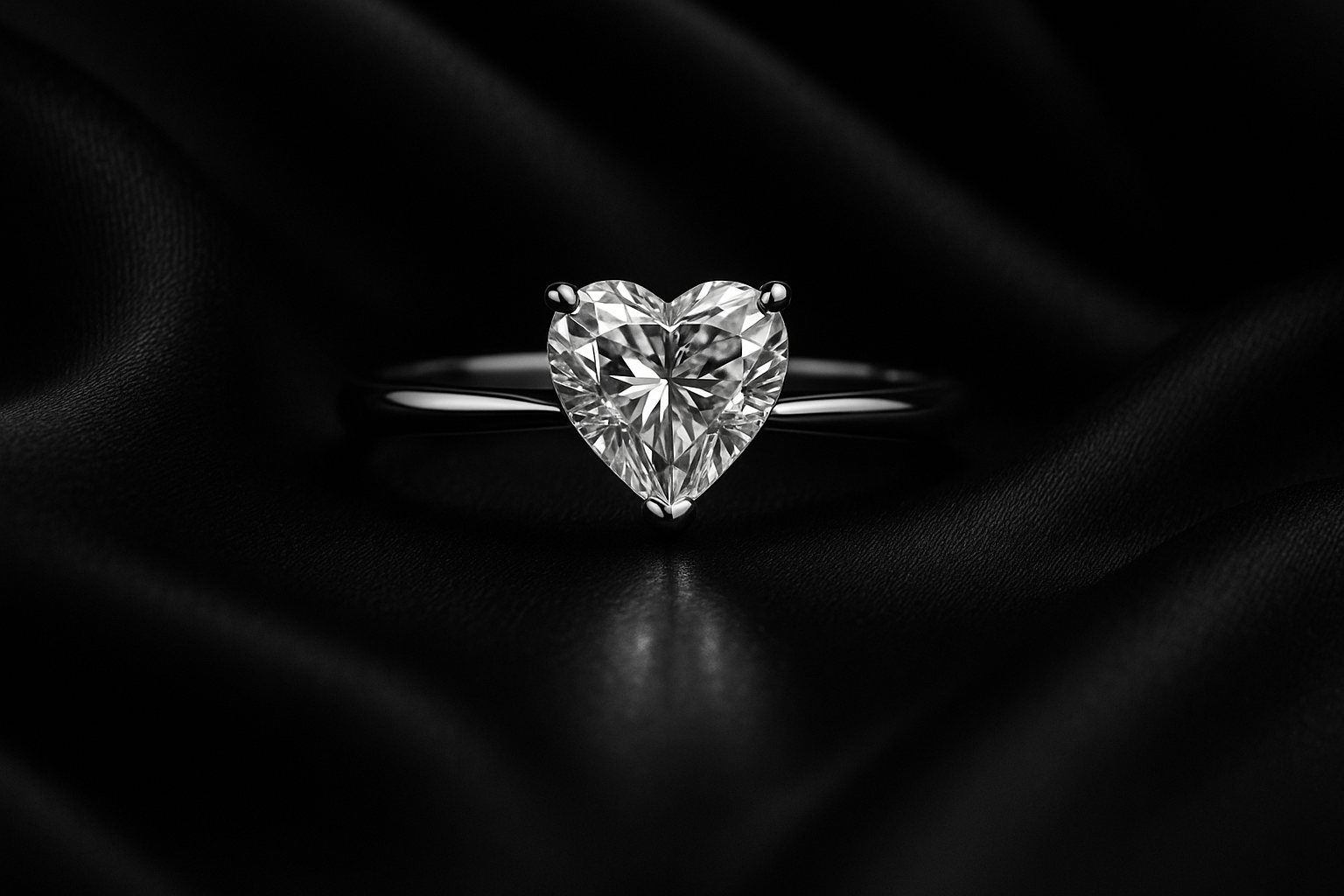 Luxury black and white editorial jewelry campaign photo of a solitaire engagement ring with heart shape lab-grown diamond in 18k white gold. Placed on black silk fabric with soft folds, dramatic cinematic lighting, subtle glossy reflection, timeless old money aesthetic, high-fashion magazine photography.