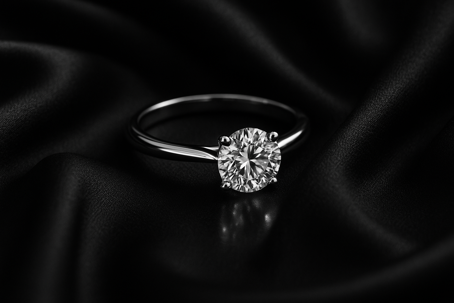Luxury black and white editorial jewelry campaign photo of a solitaire engagement ring with round lab-grown diamond in 18k white gold. Placed on black silk fabric with soft folds, dramatic cinematic lighting, subtle glossy reflection, timeless old money aesthetic, high-fashion magazine photography.