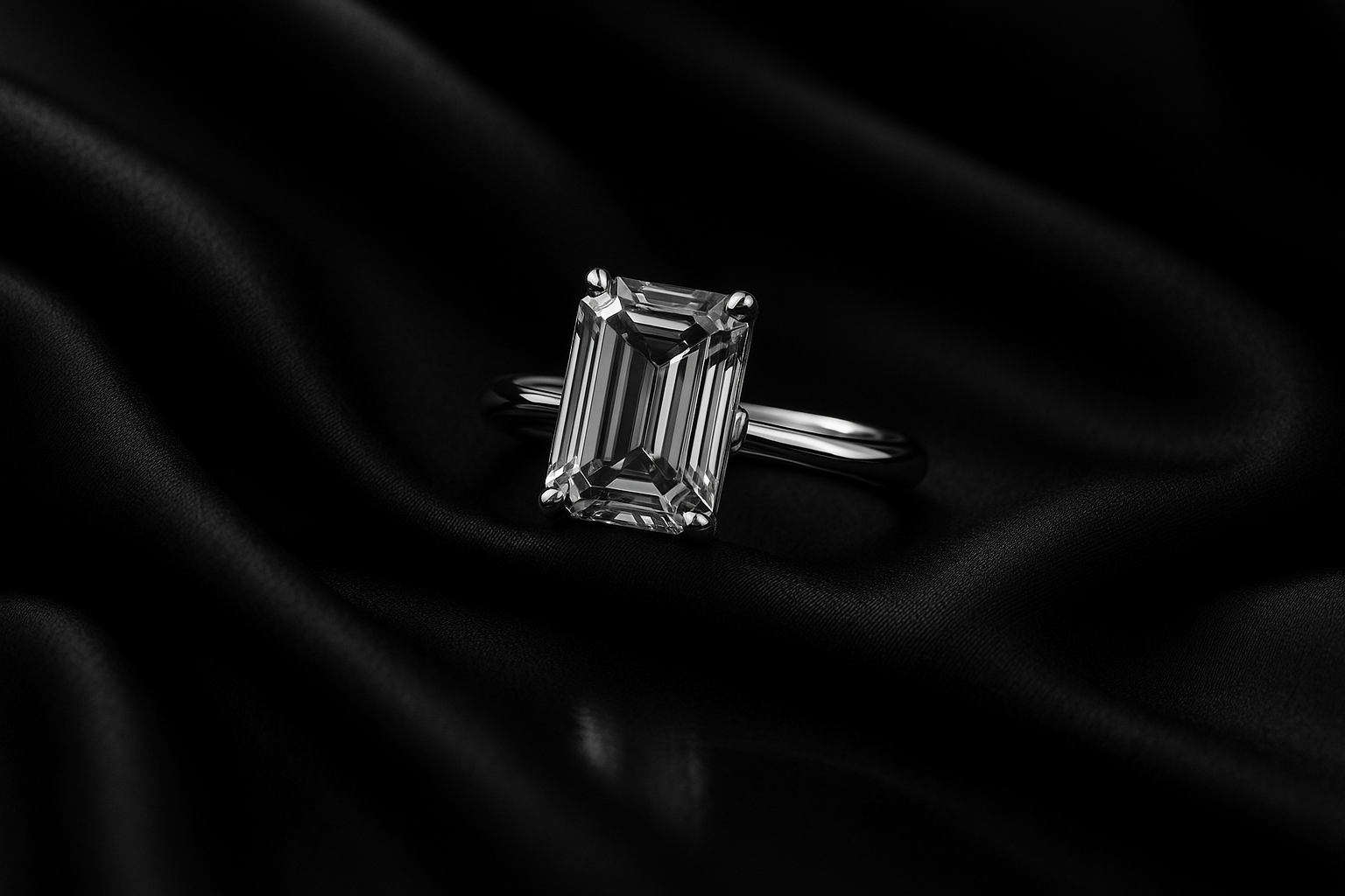 Luxury black and white editorial jewelry campaign photo of a solitaire engagement ring with emerald lab-grown diamond in 18k white gold. Placed on black silk fabric with soft folds, dramatic cinematic lighting, subtle glossy reflection, timeless old money aesthetic, high-fashion magazine photography.